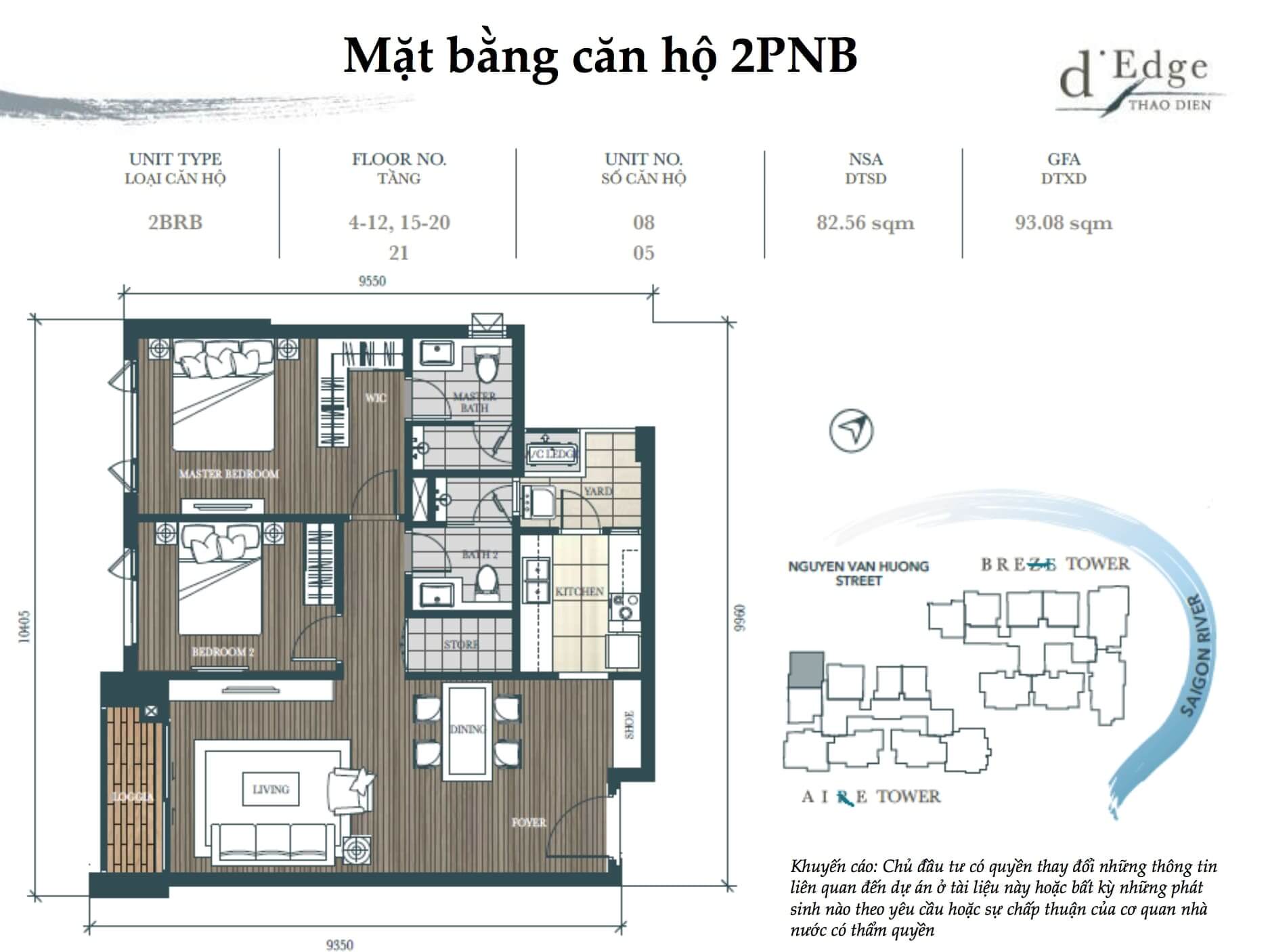 Mặt bằng căn hộ 2 phòng ngủ d'Edge Thao Dien quận 2