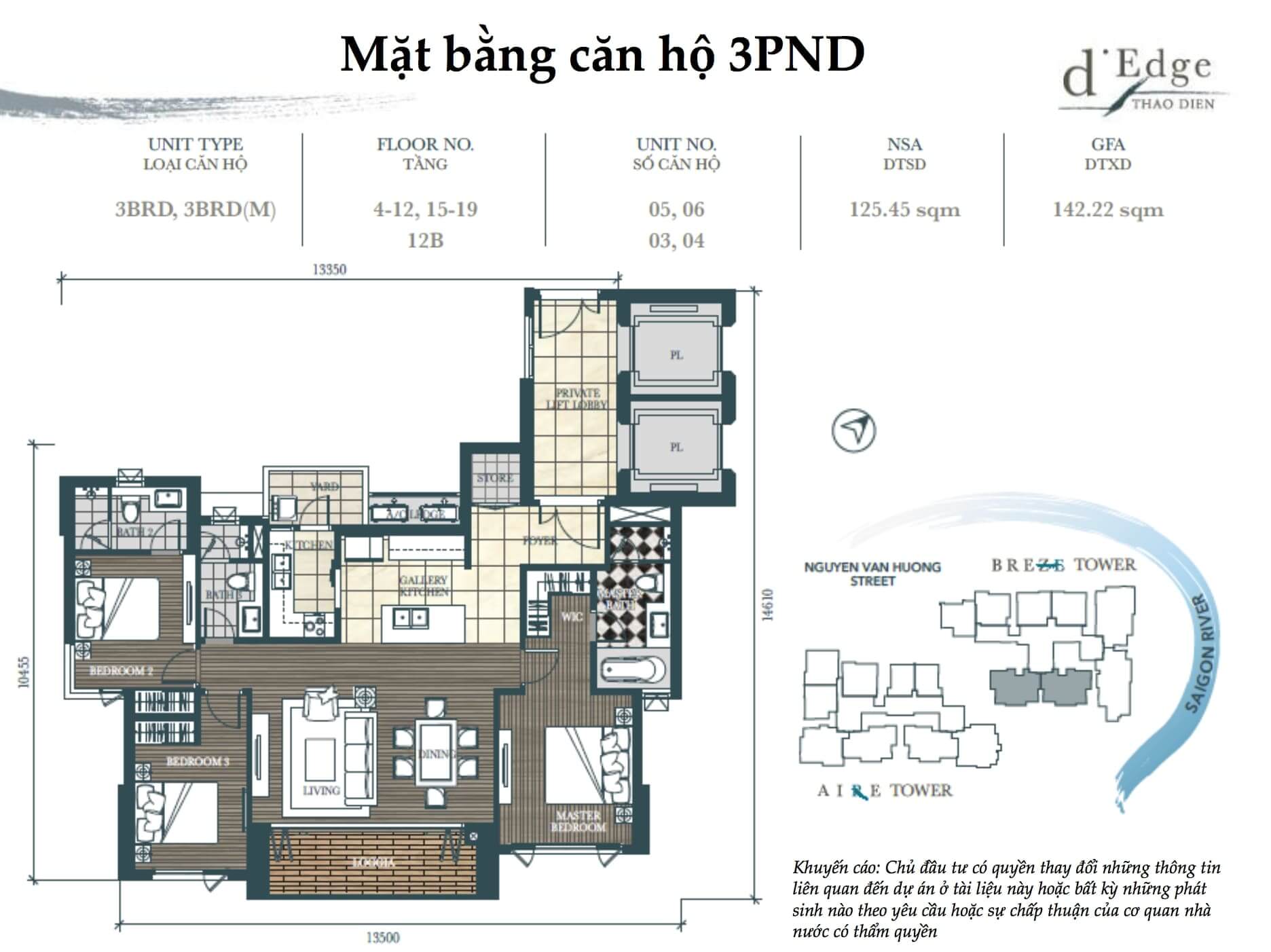 Mặt bằng căn hộ 3 phòng ngủ d'Edge Thao Dien quận 2