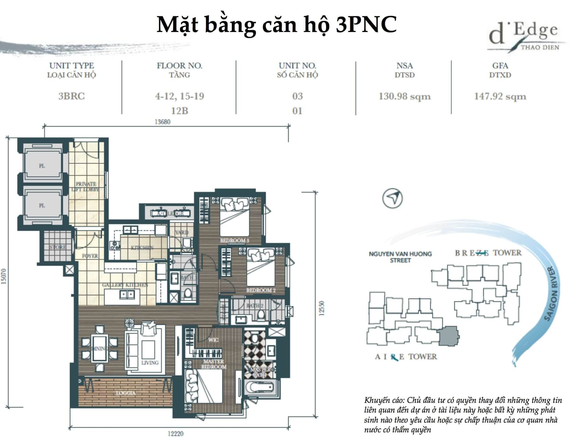 Mặt bằng căn hộ 3 phòng ngủ d'Edge Thao Dien quận 2