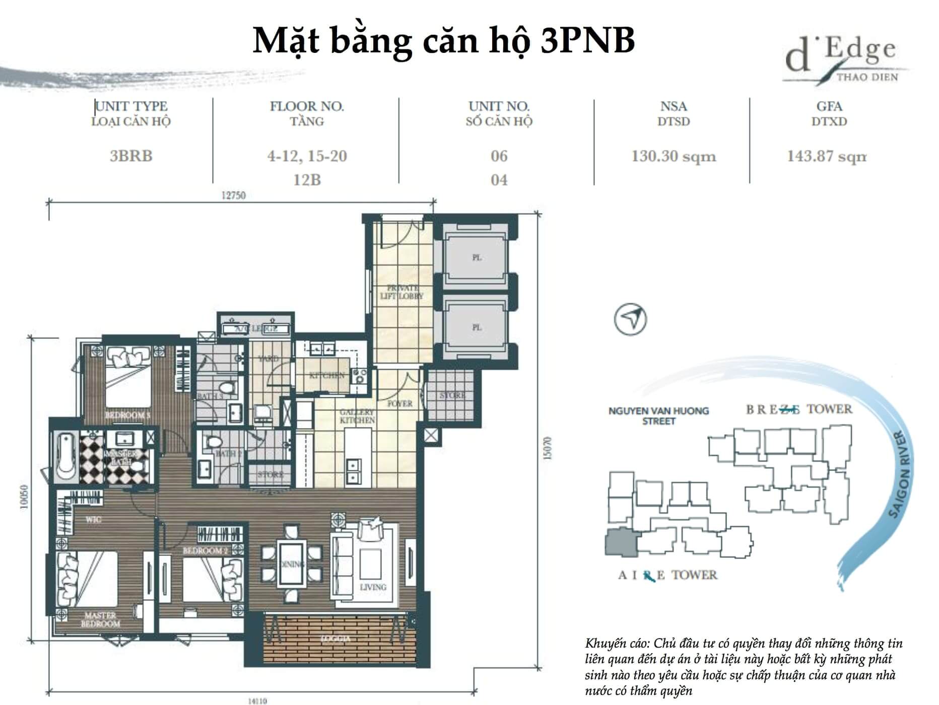 Mặt bằng căn hộ 3 phòng ngủ d'Edge Thao Dien quận 2