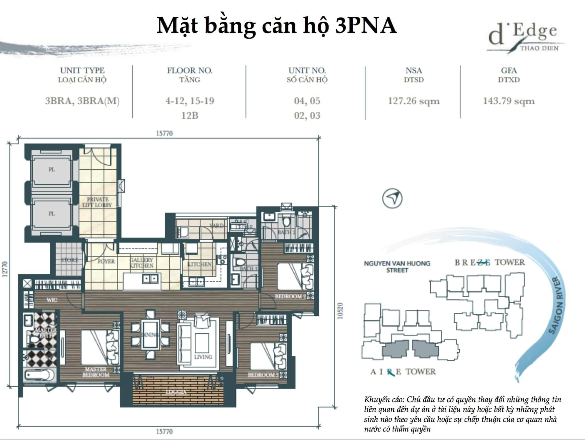 Mặt bằng căn hộ 3 phòng ngủ d'Edge Thao Dien quận 2