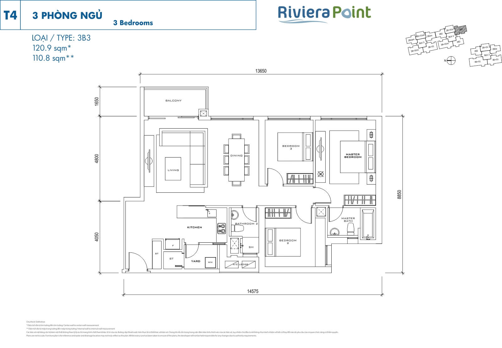 Mặt bằng căn hộ 3 phòng ngủ tháp T4 The View quận 7