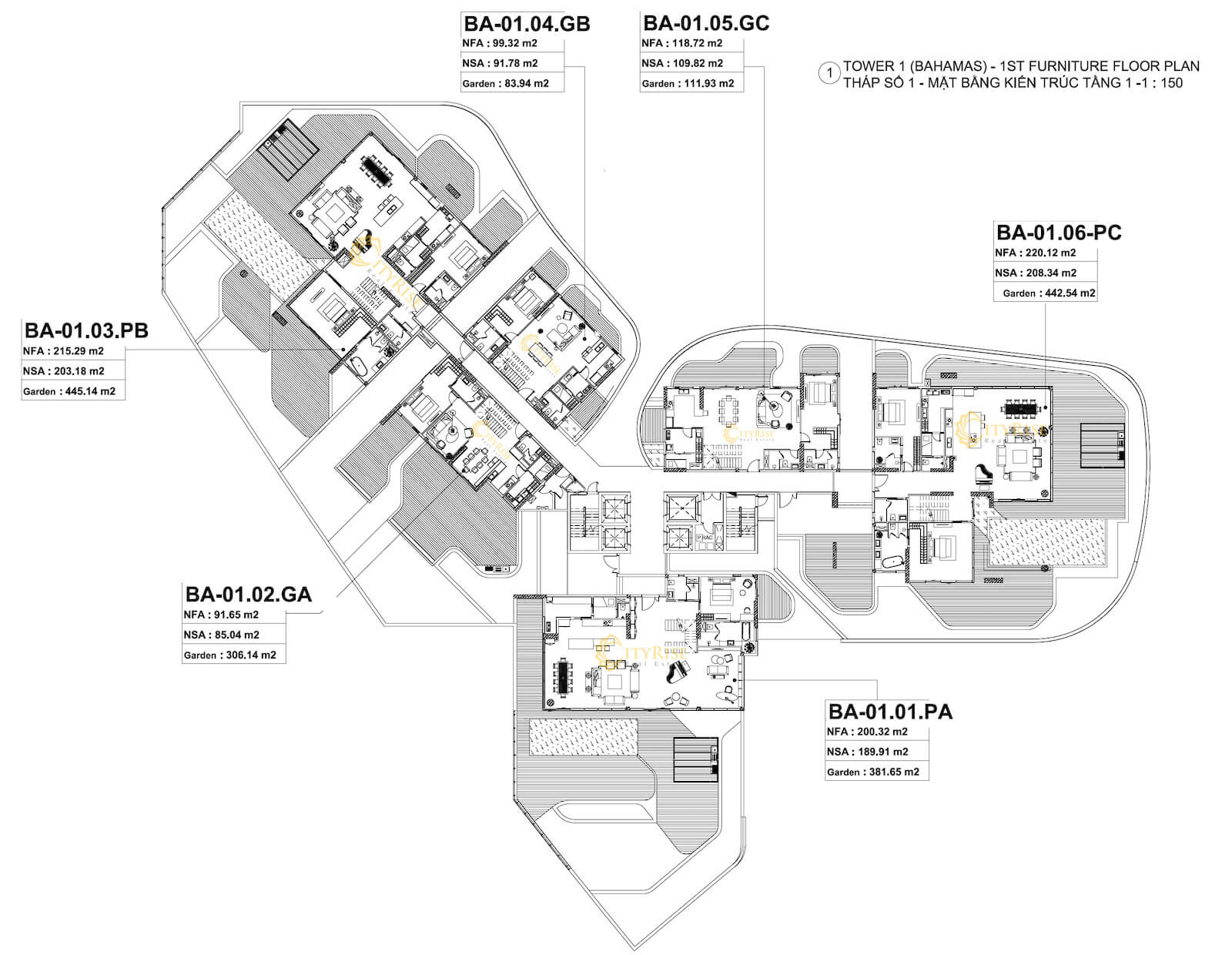 Mặt bằng căn hộ Pool Villas và mặt bằng Garden Villas tháp Bahamas Diamond Island quận 2